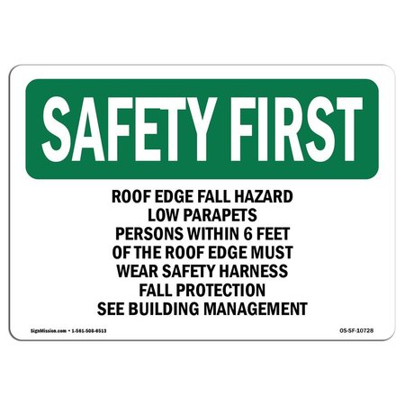 SIGNMISSION OSHA Sign, Roof Edge Fall Hazard Low Parapets Persons, 7in X 5in Decal, 7" W, 5" H, Landscape OS-SF-D-57-L-10728